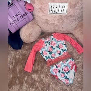 NWOT Mia Belle Girls Rose Print Fringe Two Piece Swimsuit, Size 7 / 8